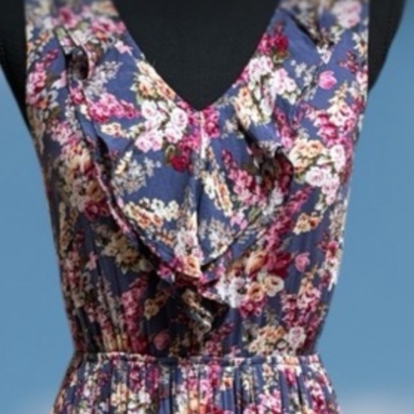 DOE & RAE BLUE/PINK FLORAL SLEEVELESS RUFFLE V-NECK CRUISE WEAR MAXI DRESS SZ S - Picture 2 of 9
